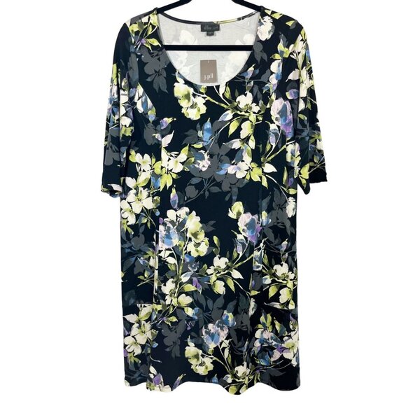 NEW J. Jill Wearever Collection Black Floral Dress Scoop Neck Size Medium Petite - Picture 1 of 6